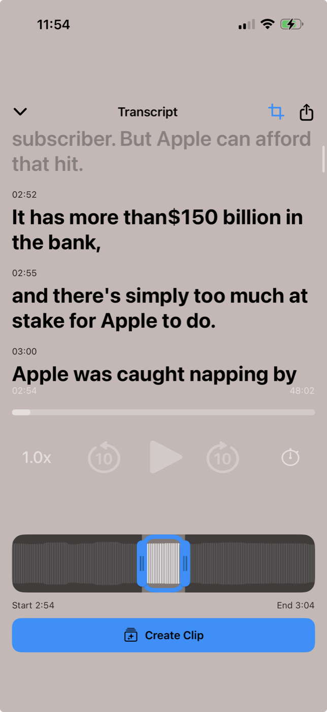 Ekkos transcript clip creation screen