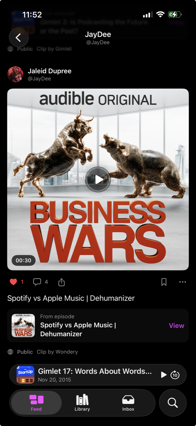 Ekkos feed showing a podcast clip post
